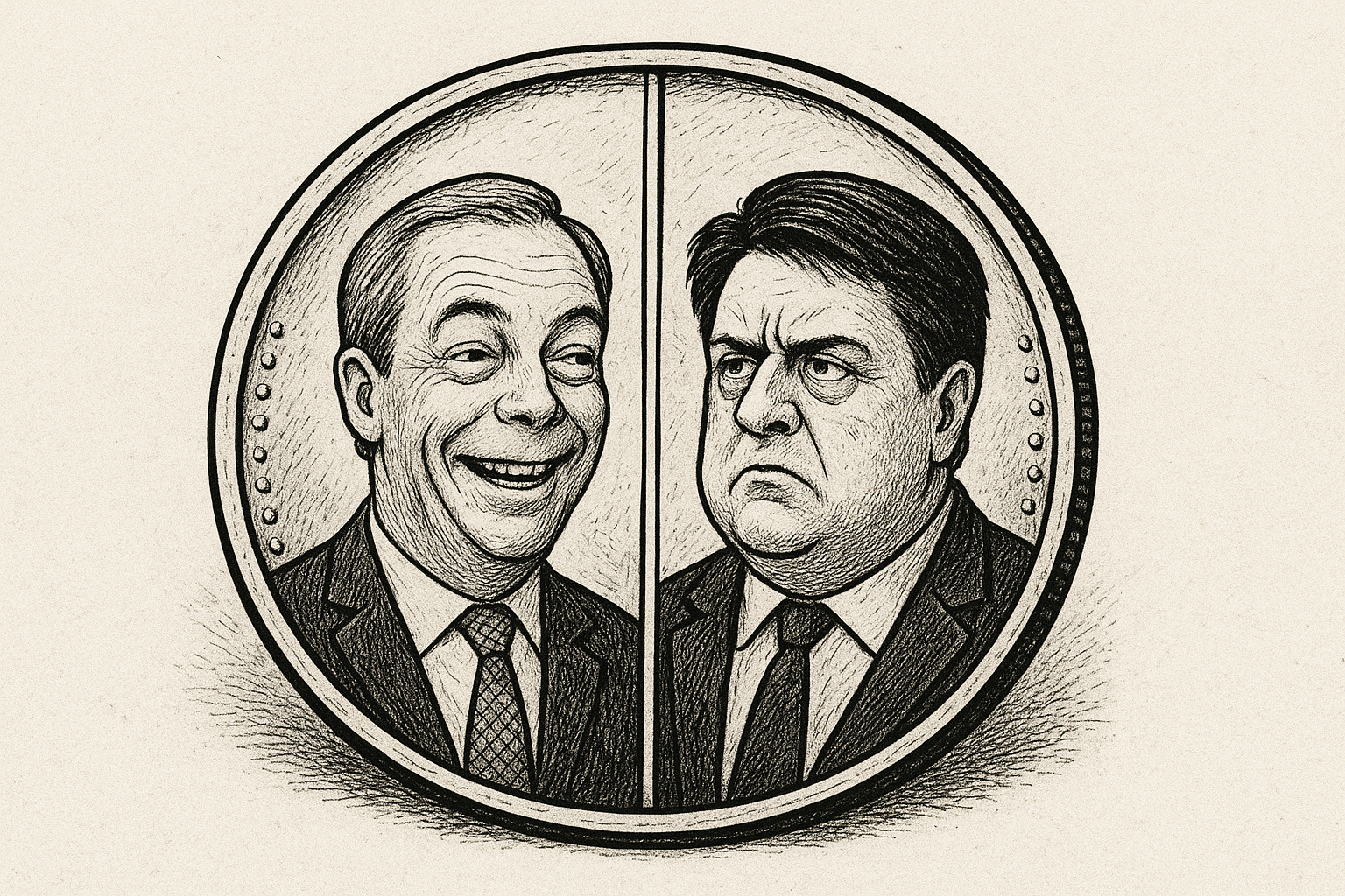 Satirical illustration of a coin with two faces: one side shows a smiling Nigel Farage in a suit, the other side shows a stern, frowning Nick Griffin in a suit, symbolising two sides of the same coin