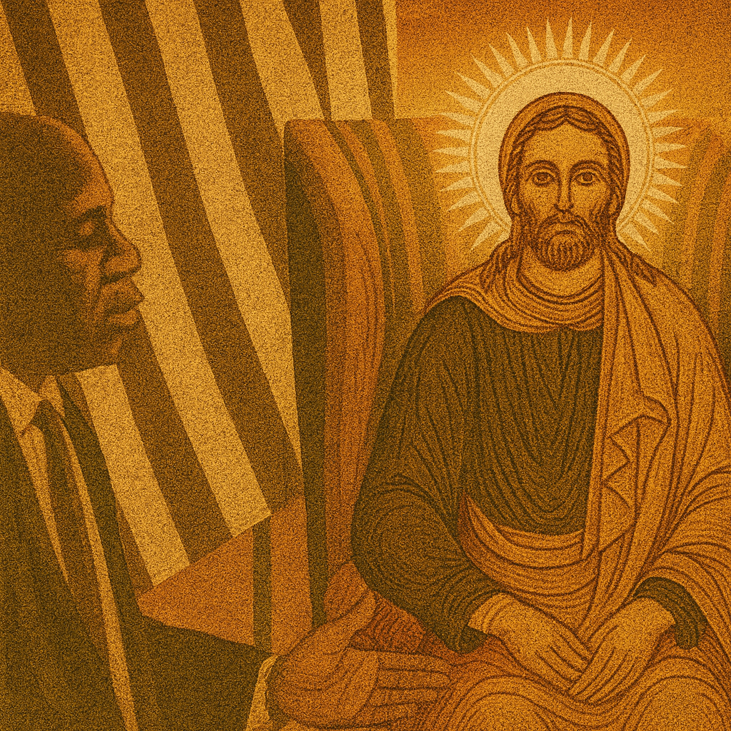 Sepia-toned image styled like a Byzantine religious icon, showing two men in front of a striped flag. The man on the left is blurred in profile, gesturing with one hand, while the man on the right is reimagined with the features of a traditional haloed Christ figure, dressed in flowing robes, seated in a high-backed chair, and radiating light from a circular halo.