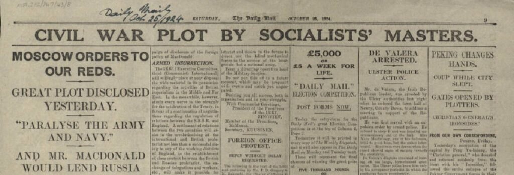 Historic newspaper front page from the Daily Mail, dated Saturday, October 25, 1924, with the large bold headline “CIVIL WAR PLOT BY SOCIALISTS’ MASTERS.” Subheadings read “MOSCOW ORDERS TO OUR REDS,” “GREAT PLOT DISCLOSED YESTERDAY,” and “PARALYSE THE ARMY AND NAVY.” The article alleges Soviet-directed armed insurrection in Britain and includes smaller adjacent stories, advertisements, and international news items.