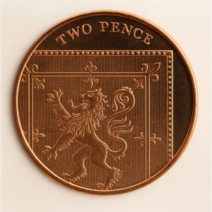 Close-up of a British two pence coin, copper-coloured, showing a heraldic lion in a crosshatched frame with fleur-de-lis corners and the words “TWO PENCE” at the top.