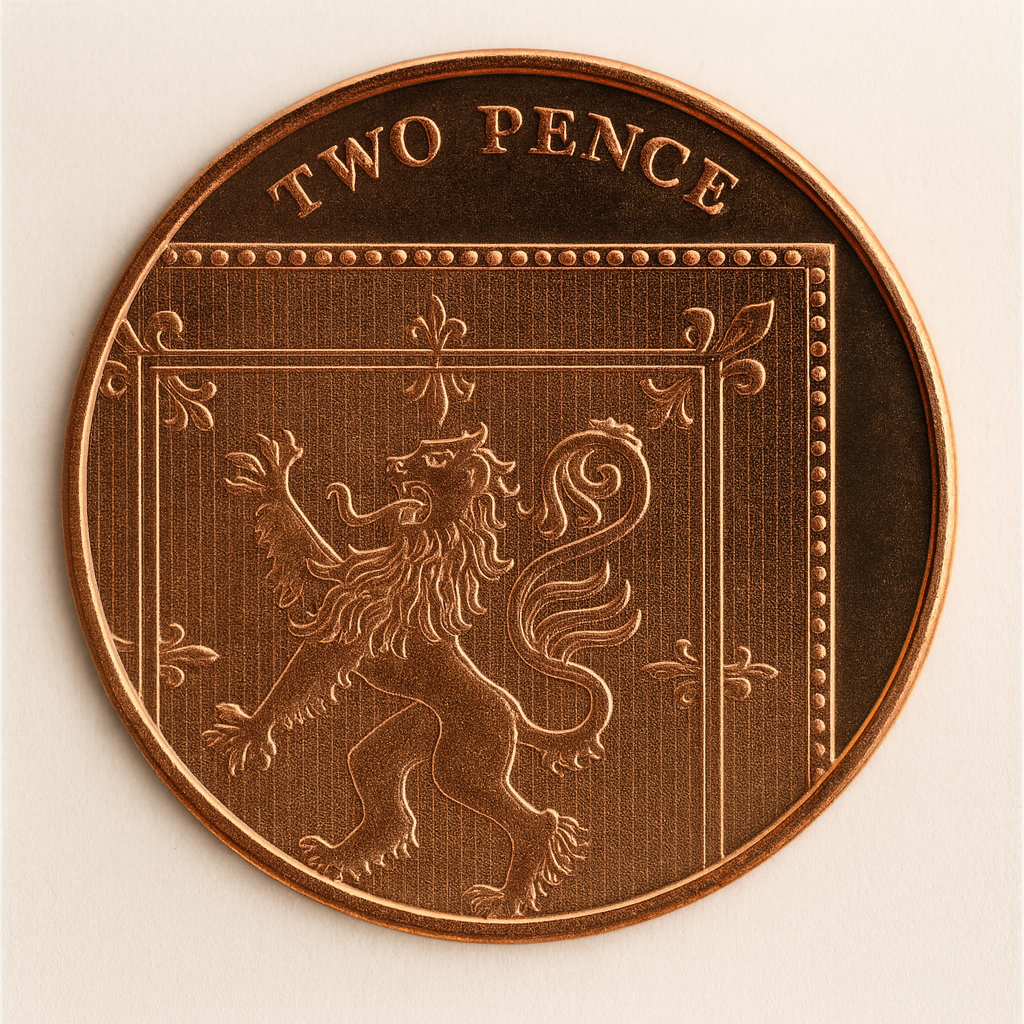 Close-up of a British two pence coin, copper-coloured, showing a heraldic lion in a crosshatched frame with fleur-de-lis corners and the words “TWO PENCE” at the top.