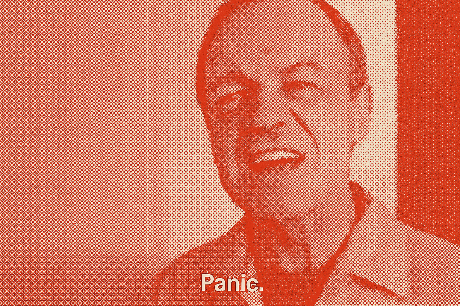 A halftone, red-and-beige effect of a still from the beginning of A Bridge Too Far. An older man’s happy face fills the frame, with the subtitle “Panic.” displayed at the bottom, translating Dutch dialogue.