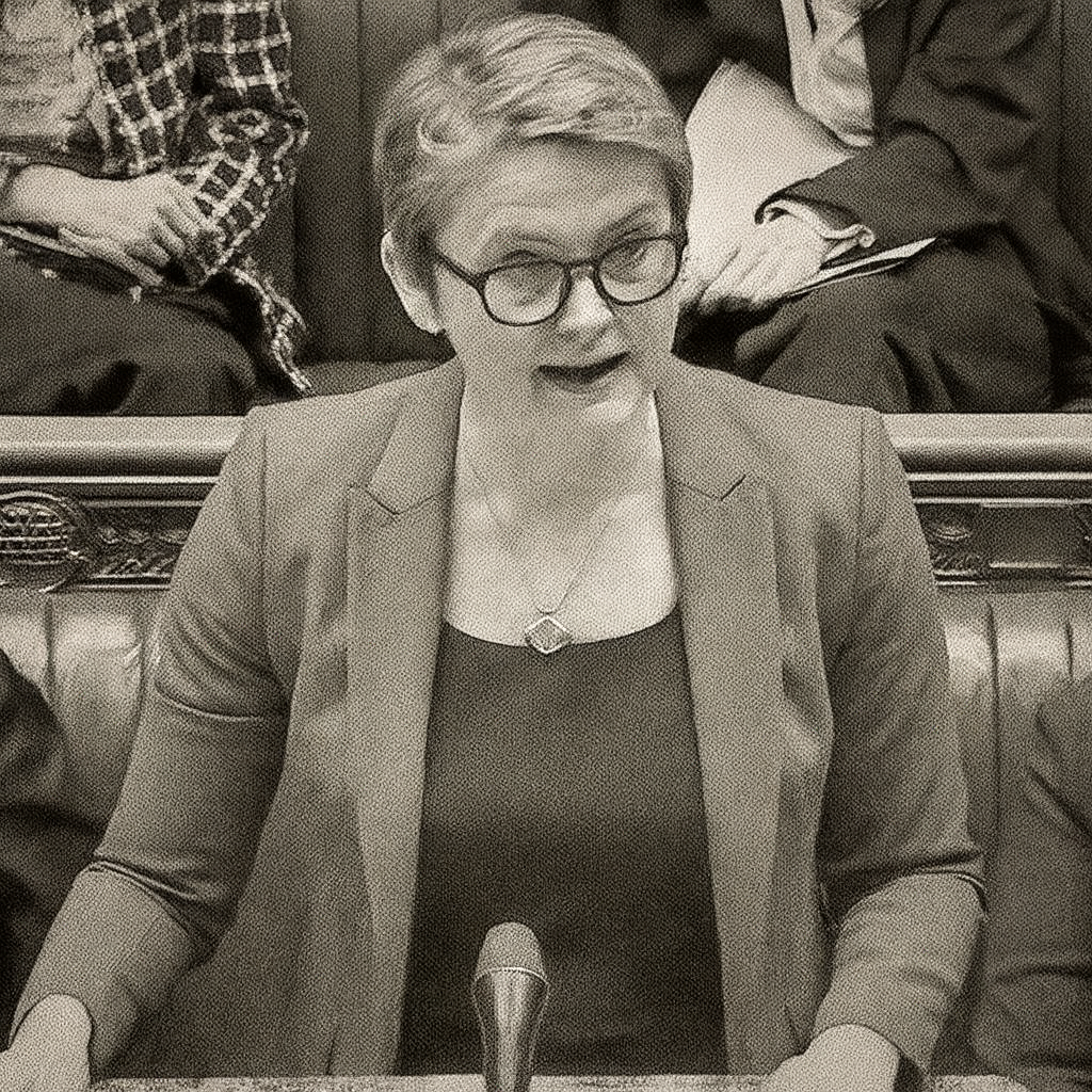 A black-and-white, newspaper-style photo shows the Home Secretary speaking in the House of Commons, wearing glasses and a blazer, with MPs seated behind he